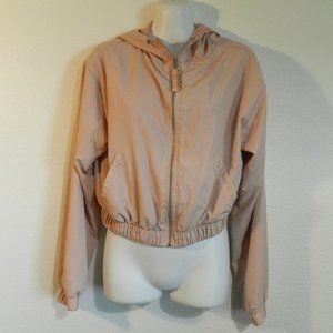 Pale pink zip front, mesh lined lightweight, long sleeve hoodie jacket